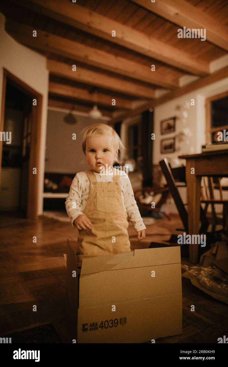 Ein kleines Mädchen, das zu Hause mit einer Pappschachtel spielt Stockfoto