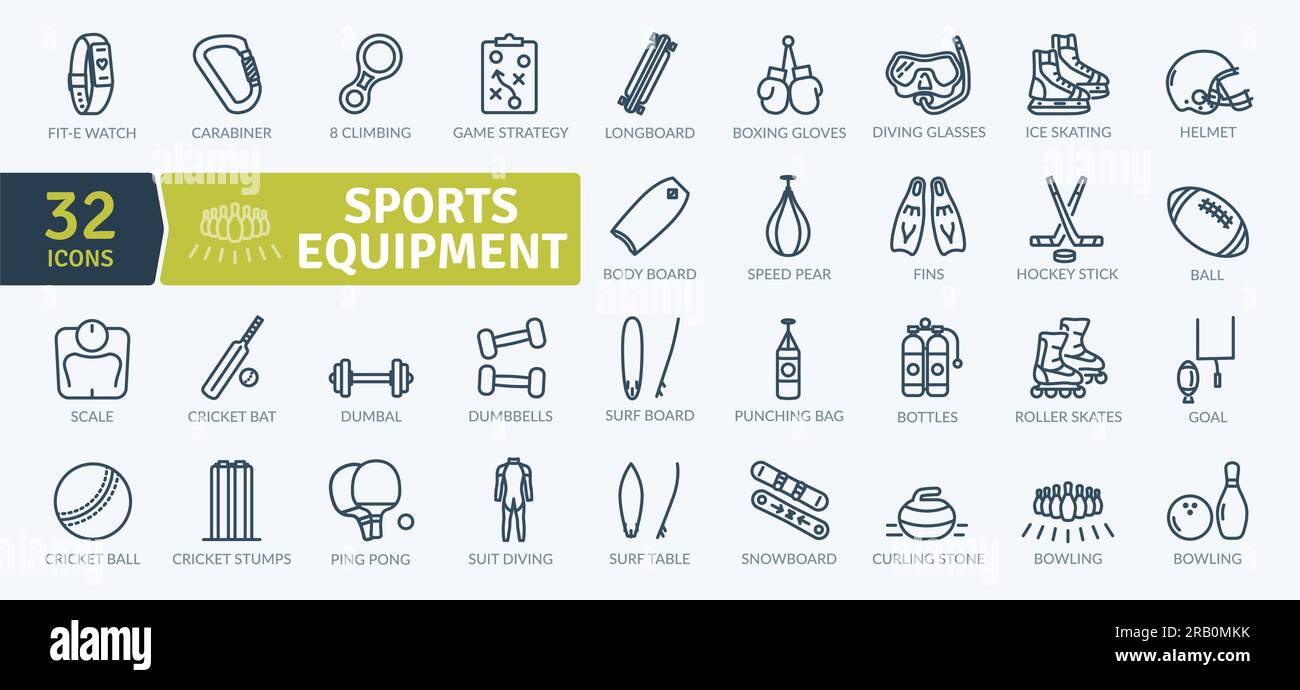 Symbolpaket Sportausrüstung. Symbole für dünne Linien festgelegt. Einfache Vektorsymbole Stock Vektor