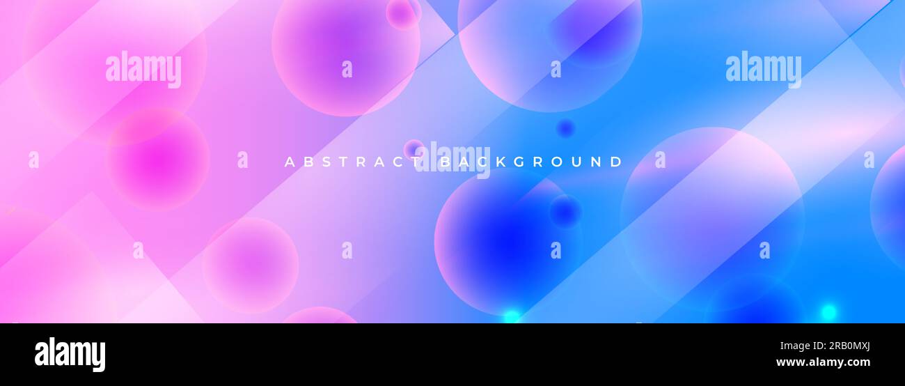 Leuchtend pinkfarbener und blauer abstrakter geometrischer 3D-Hintergrund mit Kreisen, Kugeln und Linien. Vektor breites horizontales Banner. Stock Vektor