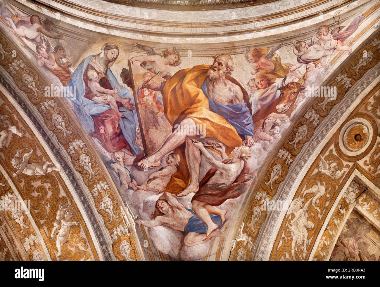 NEAPEL, ITALIEN - 20. APRIL 2023: Das Fresko von St. Luke der Evangelist in der Kirche Basilika Santa Maria degli Angeli a Pizzofalcone Stockfoto