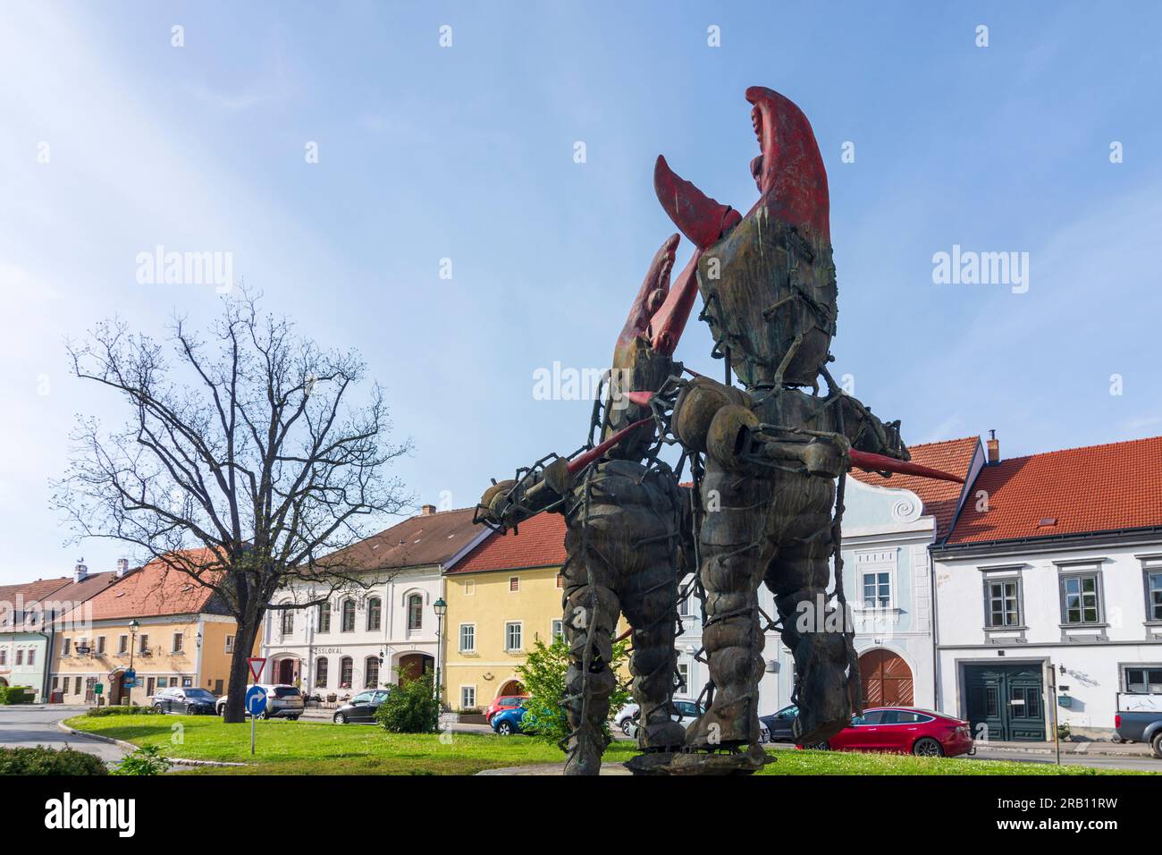 Hadersdorf-Kammern, Skulptur „die Haderer“ von Daniel Spoerri, Hauptplatz in Hadersdorf am Kamp im Waldviertel, Niederösterreich, Österreich Stockfoto