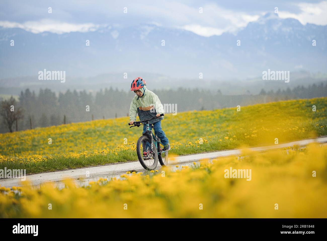 Ein Junge mit dem Fahrrad auf einer unbefestigten Straße in den Alpen Stockfoto