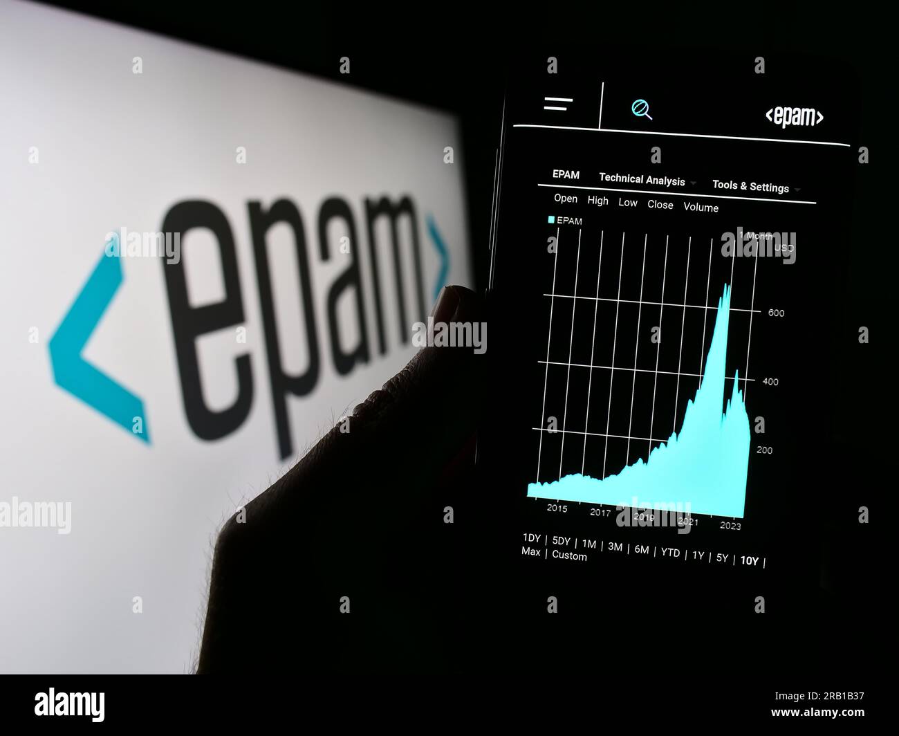 Person, die ein Mobiltelefon mit einer Webseite des US-amerikanischen Softwareunternehmens EPAM Systems Inc. Auf dem Bildschirm vor dem Logo hält. Konzentrieren Sie sich auf die Mitte des Telefondisplays. Stockfoto