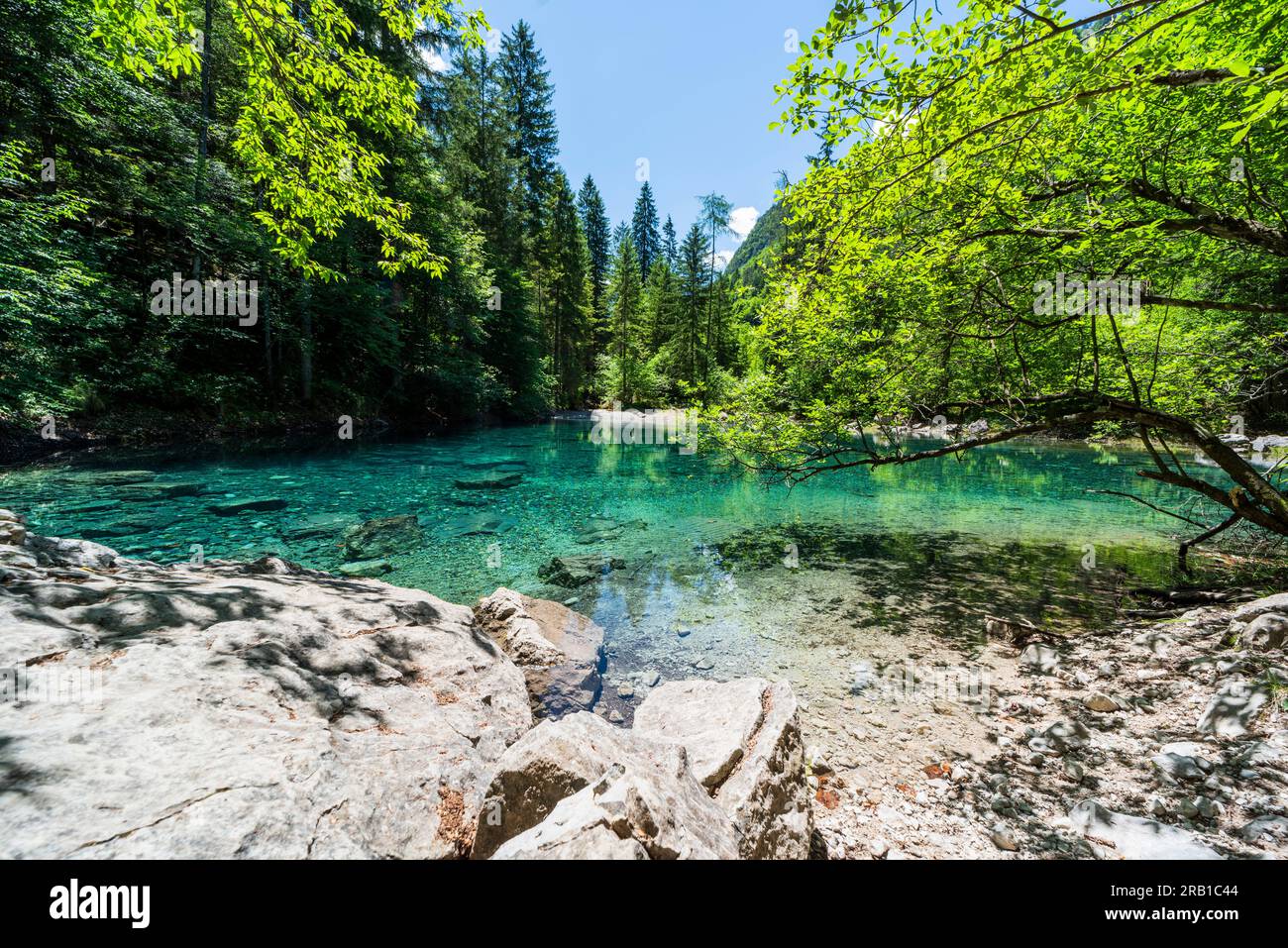 Flüchtiger alpiner See, smaragdfarben. Europa, Italien, Trentino Südtirol, Trient District, Ville d'Anaunia Stockfoto