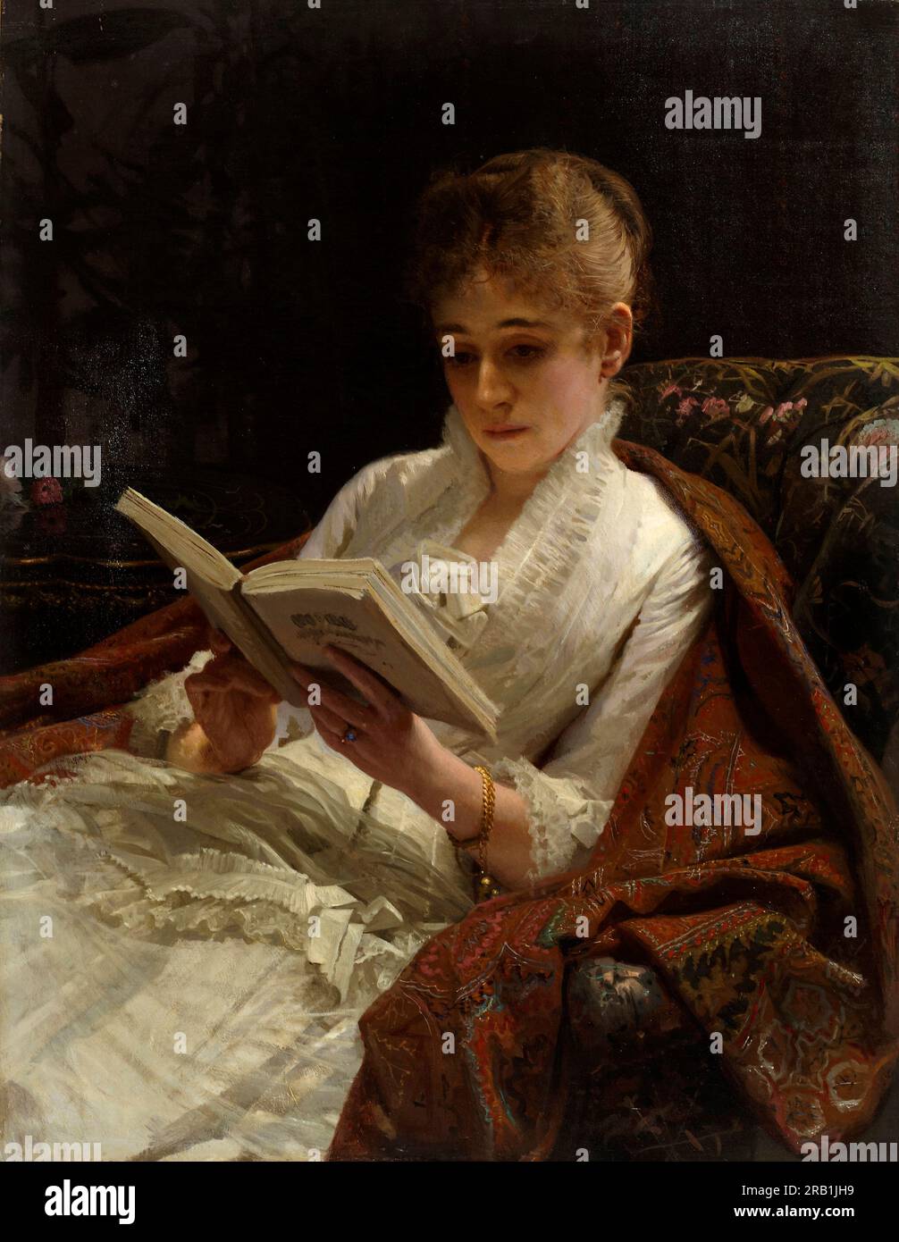 Porträt einer Frau, die 1881 liest, Malerei von Ivan Kramskoi Stockfoto