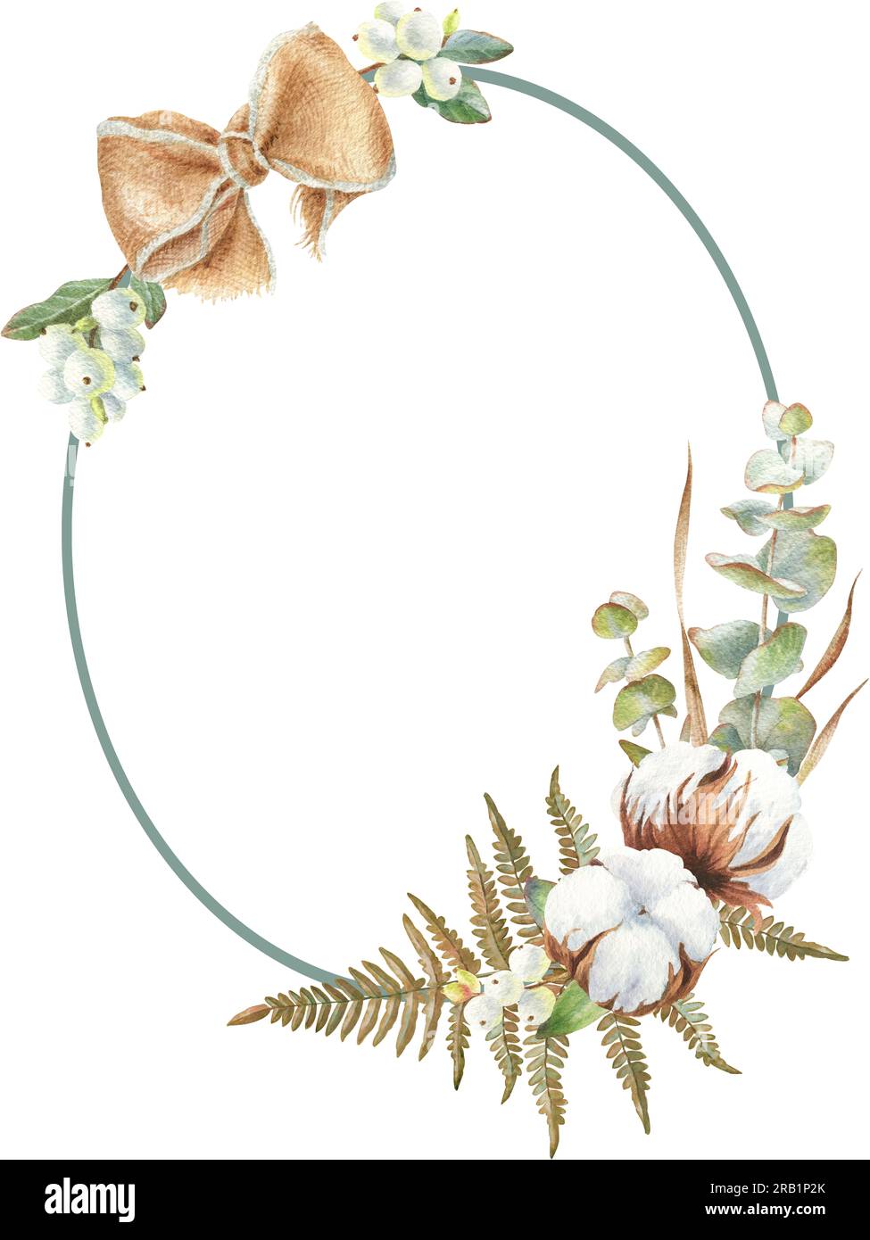 Aquarelle Kranz mit Baumwolle, Eukalyptus, Schneebeeren und Farn isoliert auf weißem Hintergrund. Perfekt für Grußkarten, Cover, Drucke Stockfoto