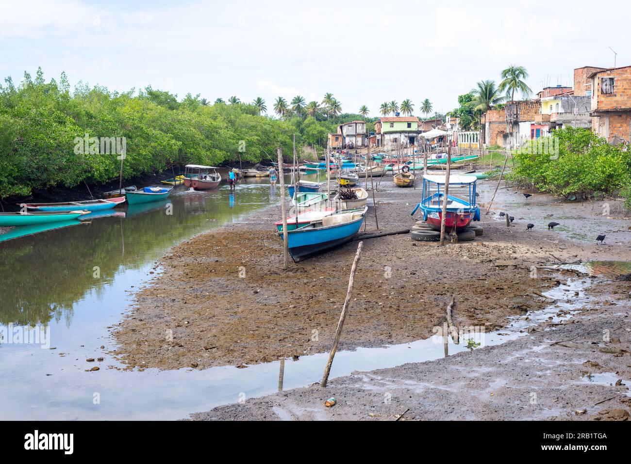 Santo Amaro, Bahia, Brasilien - 24. Juli 2022: Mehrere Fischer bereiten ihre Kanus und Netze im Hafen von Acupe vor, um auf dem Fluss fischen zu gehen. Sa Stockfoto