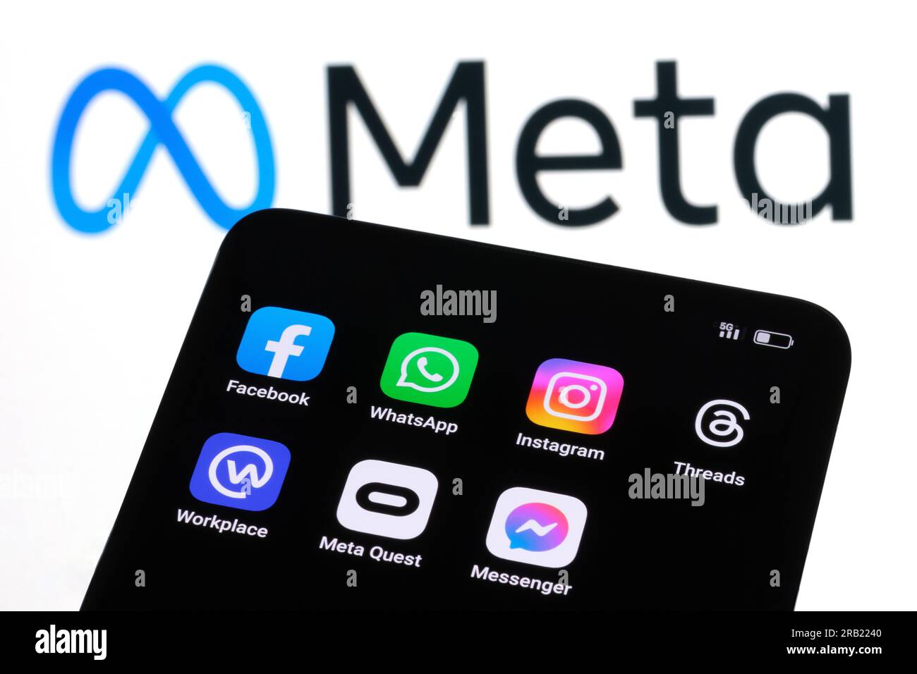Alle Meta-Plattformen Apps auf dem Bildschirm von Facebook, Instagram, WhatsApp, Messenger, Threads, Meta Quest, Arbeitsplatz. Concept Stafford, United Stockfoto
