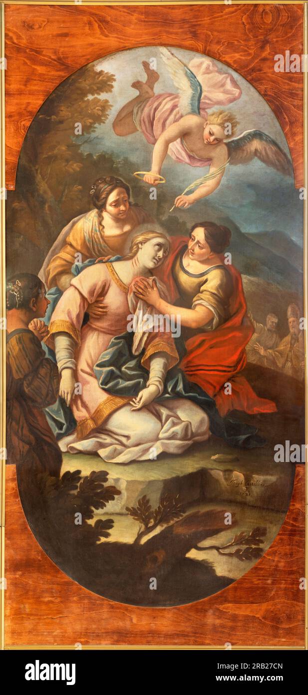 NEAPEL, ITALIEN - 24. APRIL 2023: Das Gemälde des Märtyrertums von St. Cecilia in der Kirche Chiesa di Santa Maria di Montesanto von Joseph Castellano Stockfoto