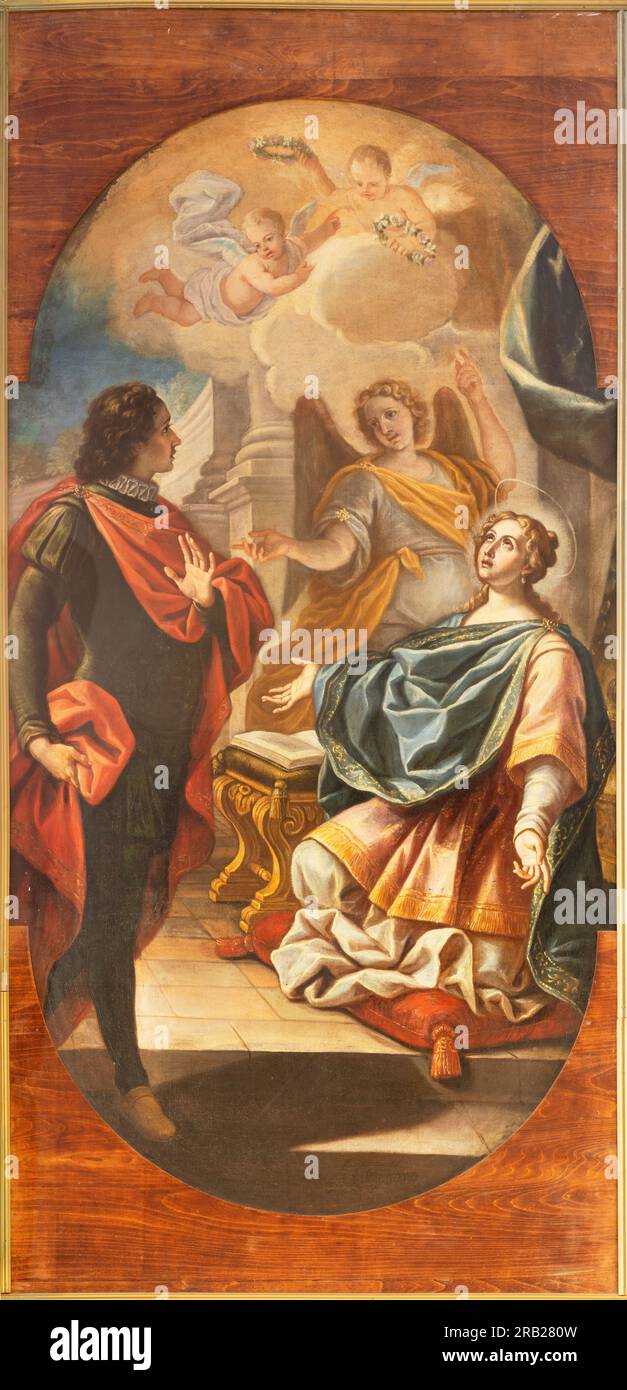 NEAPEL, ITALIEN - 24. APRIL 2023: Das Gemälde der Szene aus dem Leben von St. Cecilia in der Kirche Chiesa di Santa Maria di Montesanto von Joseph Castellano Stockfoto