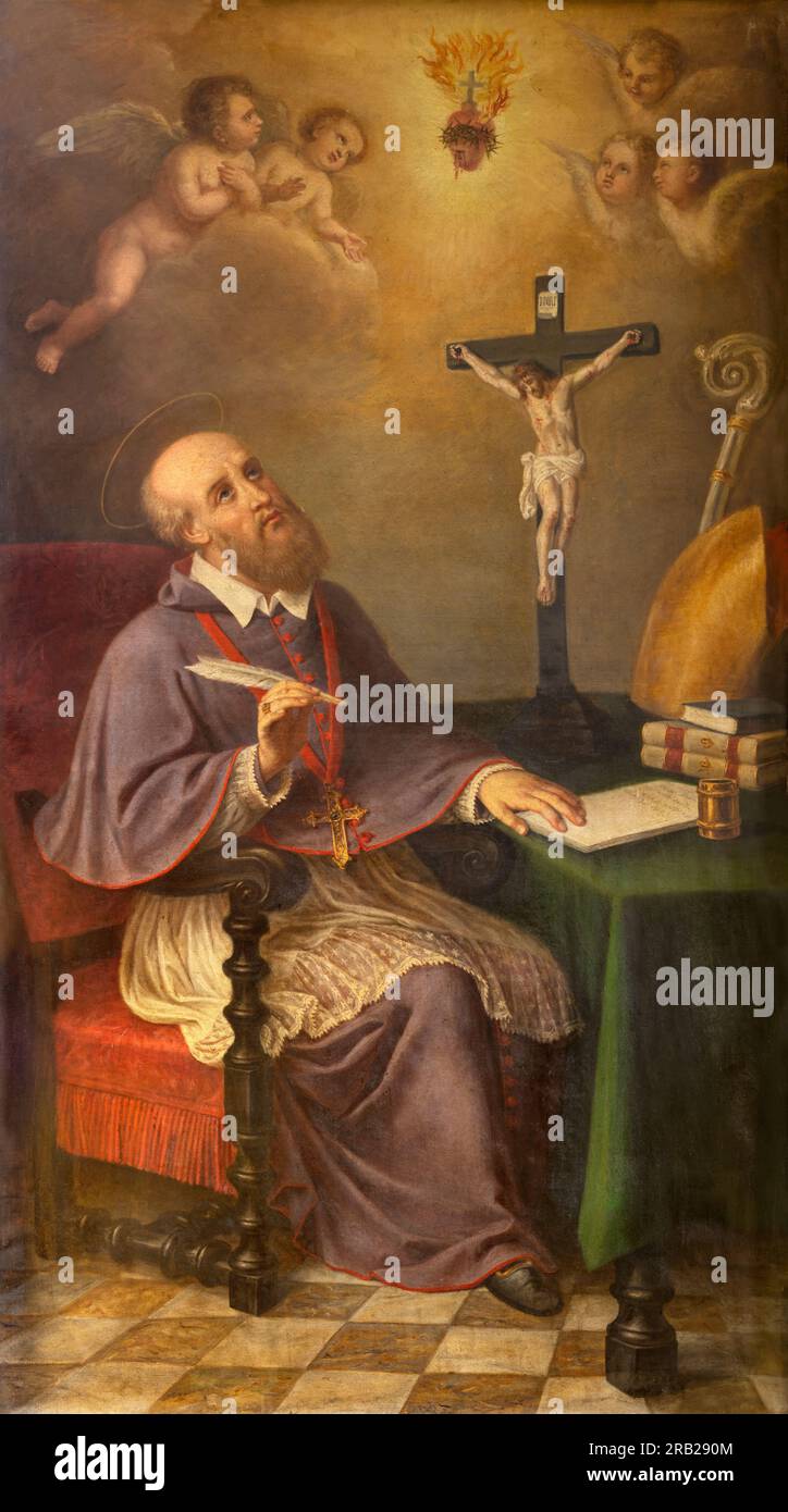 NEAPEL, ITALIEN - 24. APRIL 2023: Das Gemälde von St. Francis de Sales in der Kirche Chiesa di Santa Maria di Montesanto von Raffaele Spano (1817-1863). Stockfoto