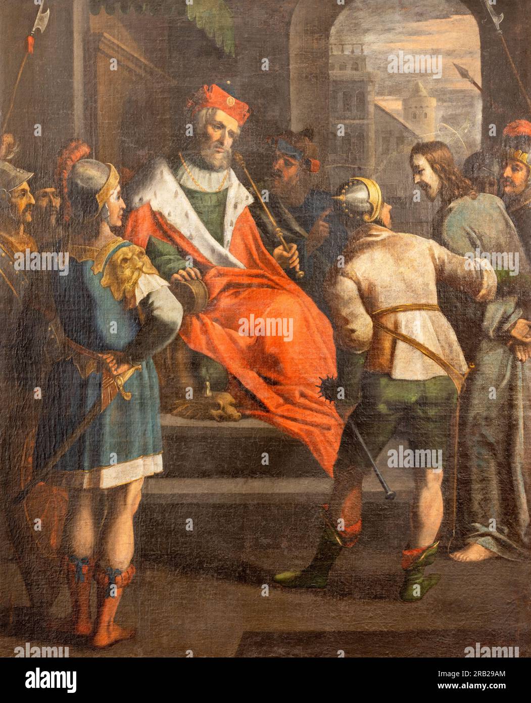 CHAMONIX, FRANKREICH - 5. JULI 2022: Das Gemälde von Jesus vor dem Pilatus in St. Michael Kirche von einem unbekannten Künstler aus dem Jahre 19. Cent. Stockfoto