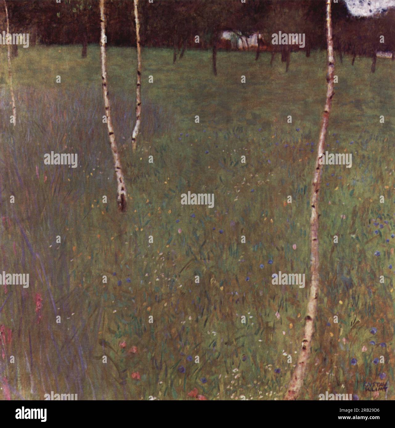 Bauernhäuser mit Birkenbäumen 1900 von Gustav Klimt Stockfoto