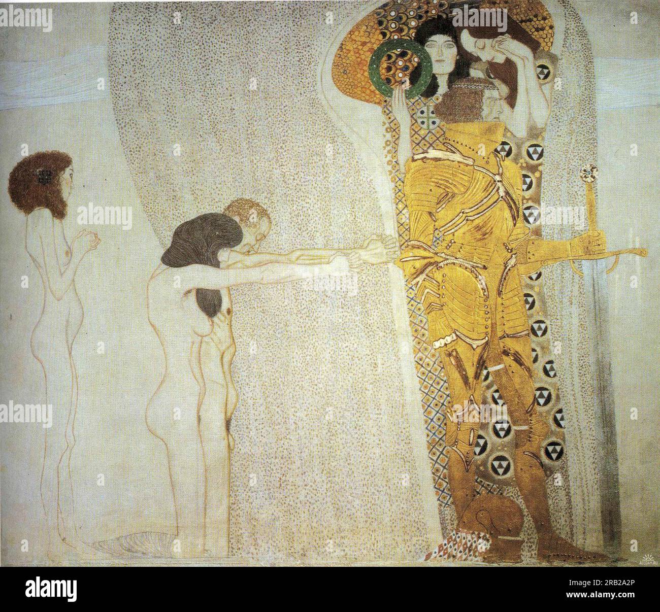 Der Beethoven Frieze: Die Sehnsucht nach Glück. Linke Mauer 1902 bei Gustav Klimt Stockfoto
