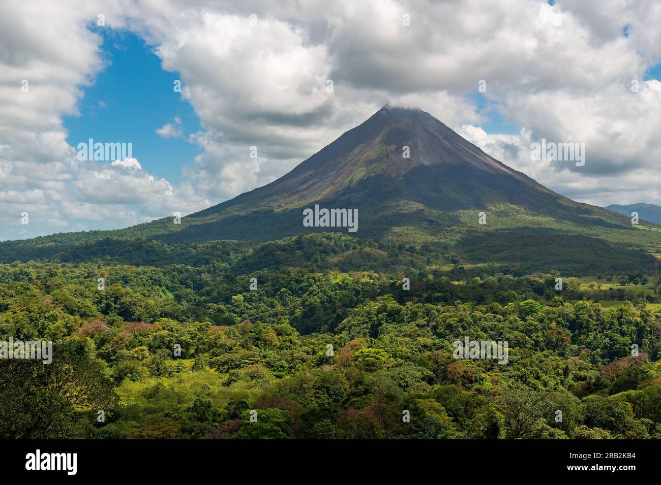 Vulkan Arenal mit üppigem, feuchtem Regenwaldddach, Nationalpark Arenal, Costa Rica. Stockfoto