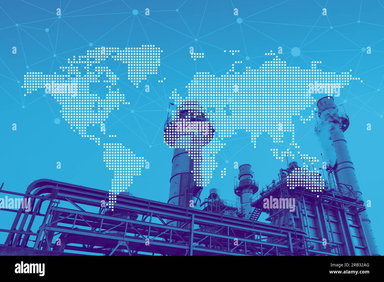 Kraftwerk Erdgasöl Chemiefabrik Overlay Weltkarte für weltweites Logistikkonzept der Geschäftsbranche. Stockfoto