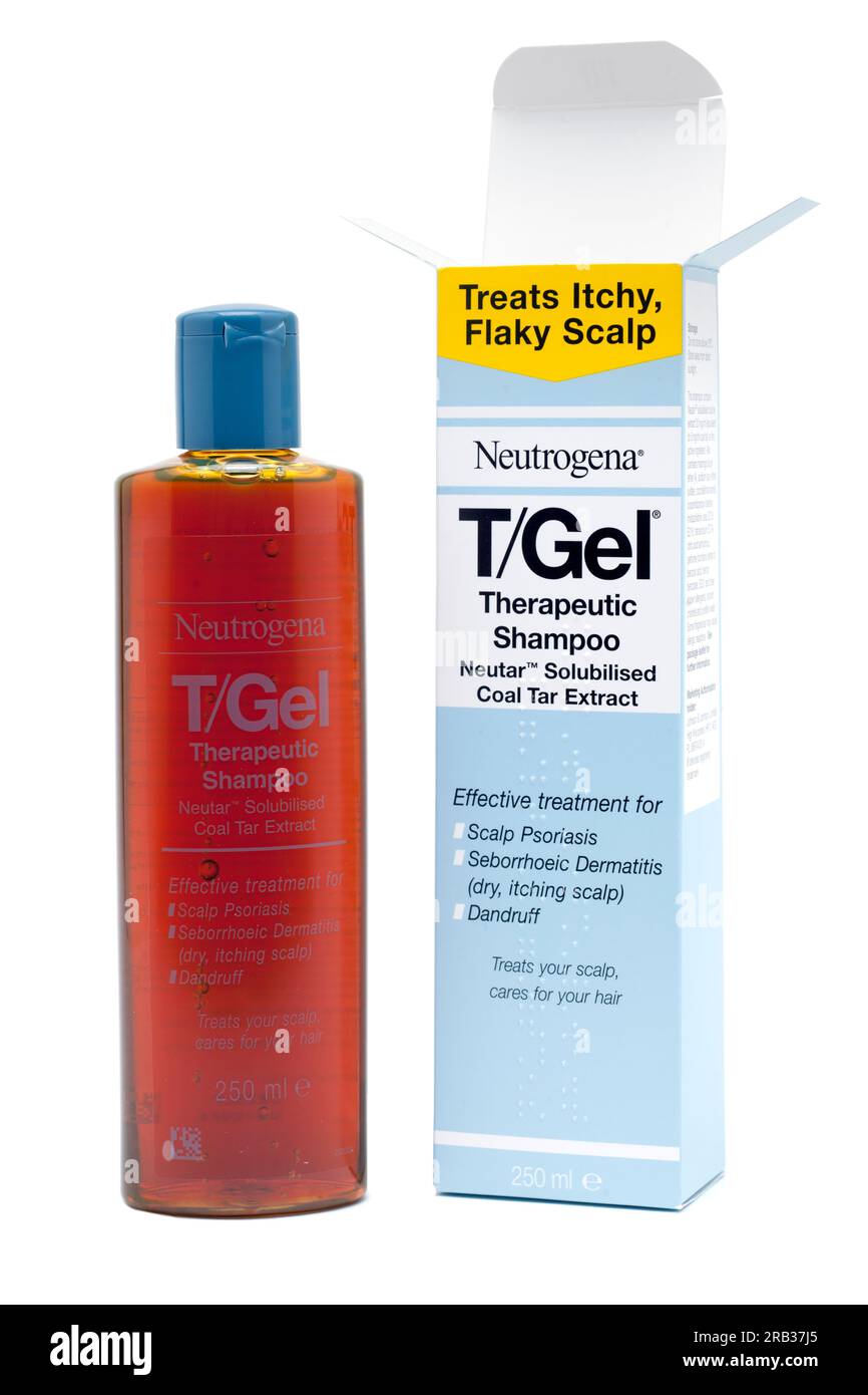 Karton und 250 ml Behälter mit Neutrogena T/Gel Therapeutic Shampoo zur Behandlung juckender Kopfhaut und Schuppen Stockfoto