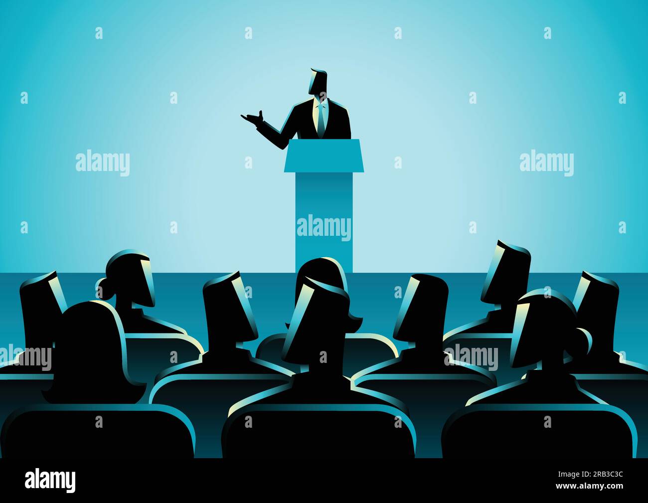 Geschäftskonzept Illustration des Geschäftsmannes, der eine Rede auf der Bühne hält. Publikum, Seminar, Konferenzthema Stock Vektor