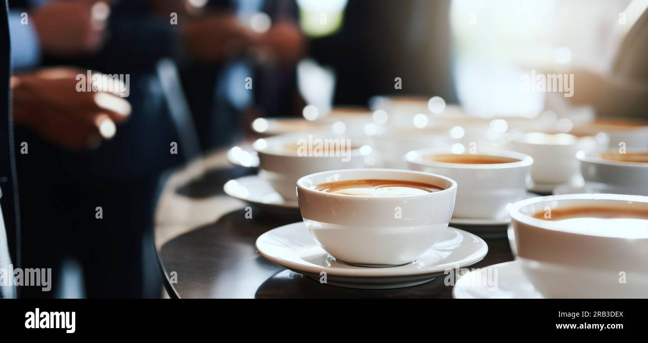 Kaffeepause bei einer Geschäftskonferenz. Catering-Service für Veranstaltungen. Banner mit Kopierbereich Stockfoto