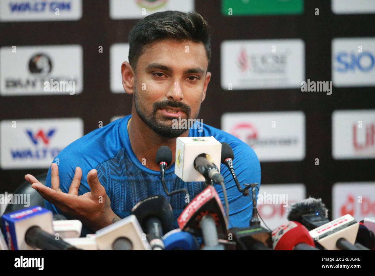 Litton das, nimmt an der Pressekonferenz vor dem Spiel Teil, als Kapitän für die ODI-Serie Bangladesch - Afghanistan, vor dem zweiten ODI-Spiel bei Zahur Ahmed Cho Stockfoto