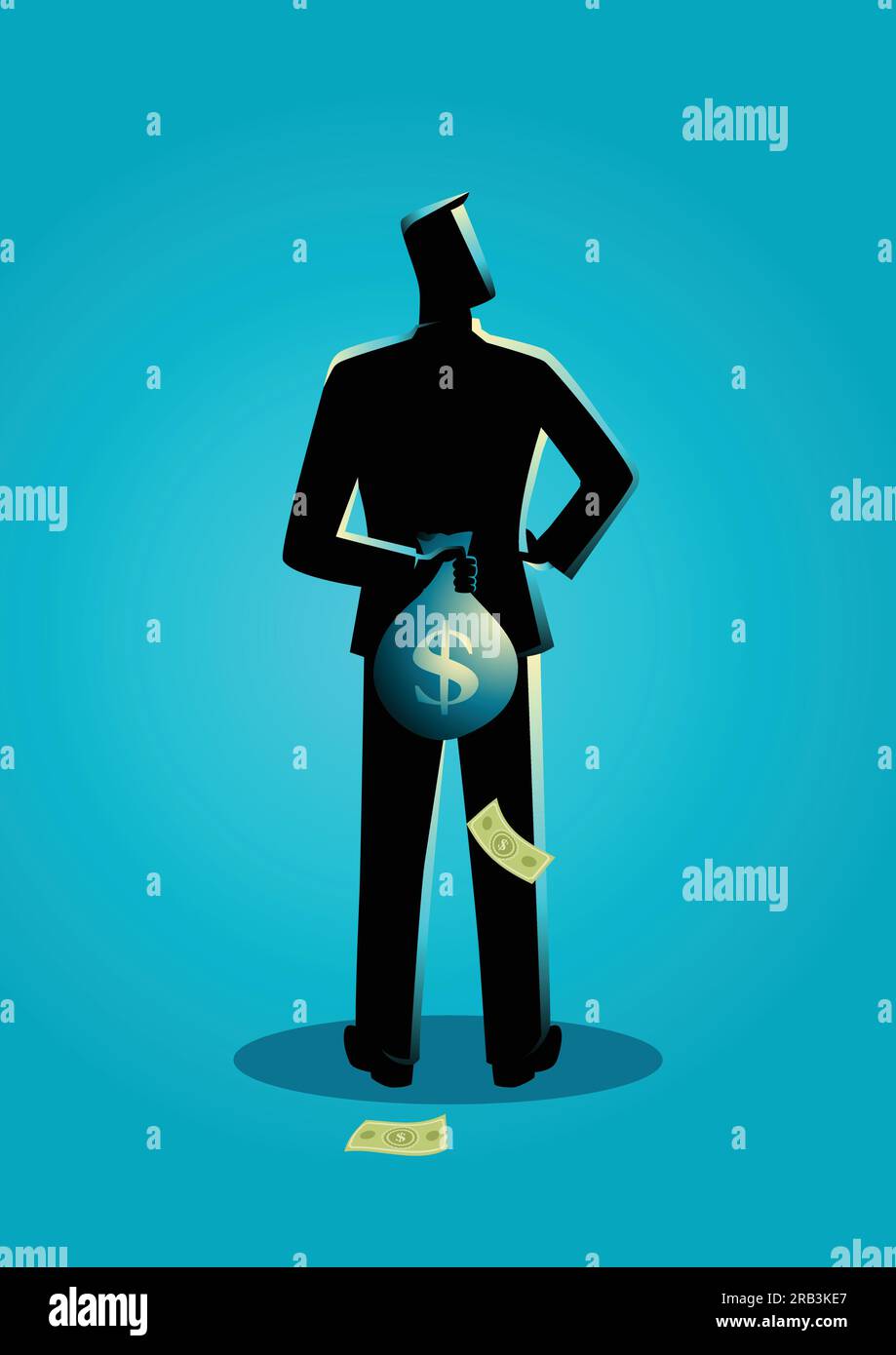 Business Concept Illustration eines Mannes versteckt eine Geldtasche hinter seinem Rücken für Steuerhinterziehung Konzept Stock Vektor