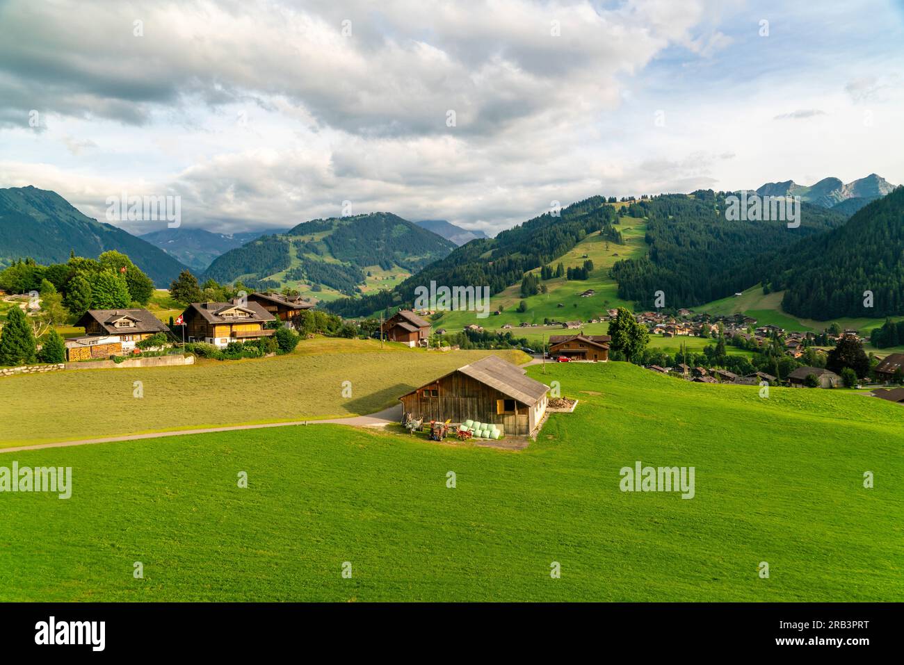 schweizer Landschaft mit grünen Feldern, Häusern und schweizer Alpen Stockfoto