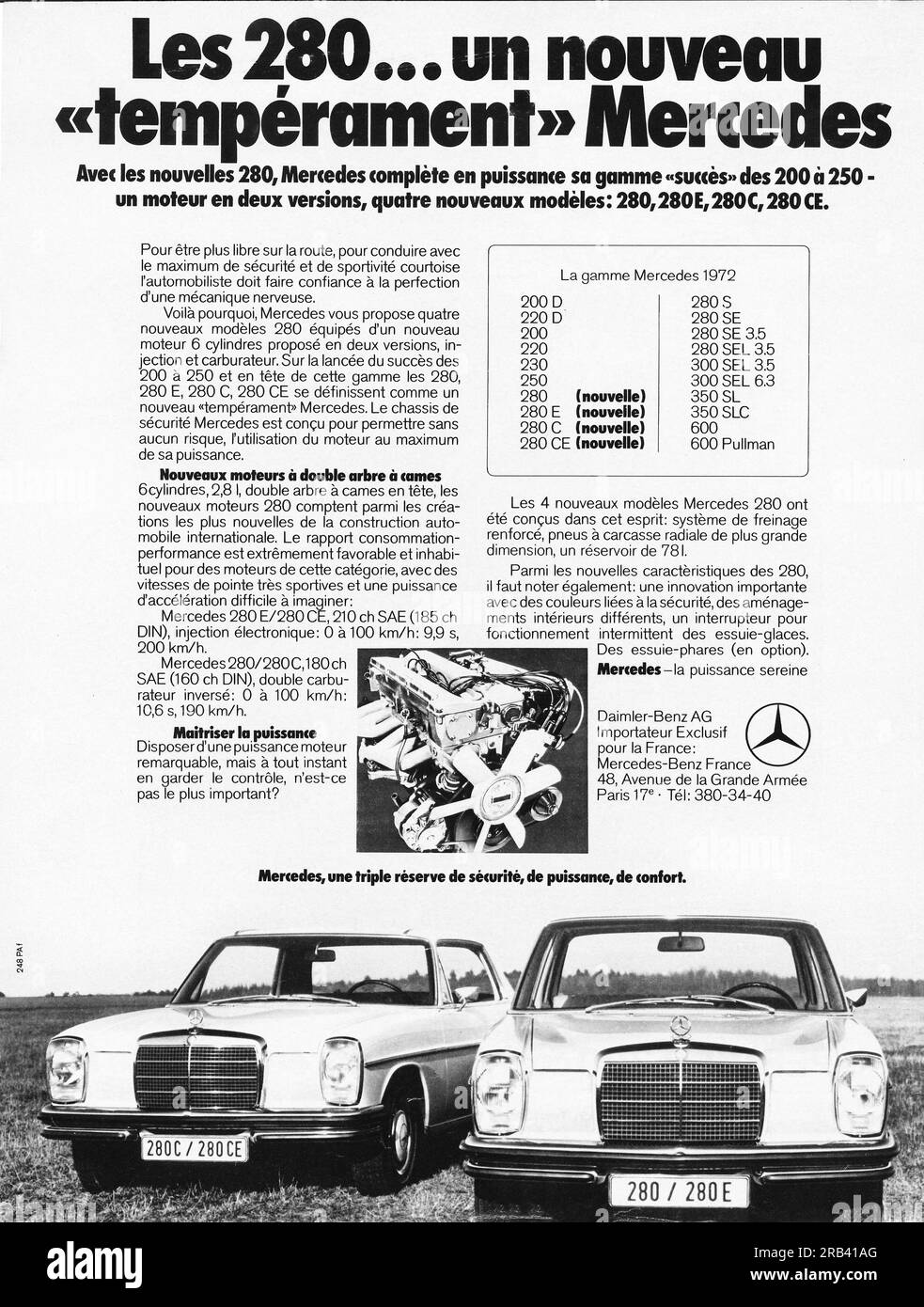Werbung für Mercedes 280 in einem französischen Magazin 1972 Stockfoto