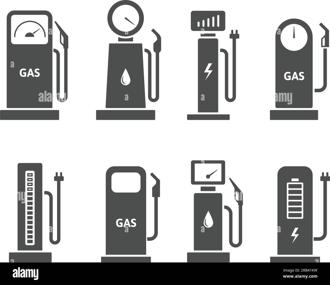 Symbole der Tankstelle. Gas- und Benzinpumpe, Ladegerät für Elektrofahrzeuge und Piktogramm-Vektorsatz für Kraftstoffbetankung Stock Vektor