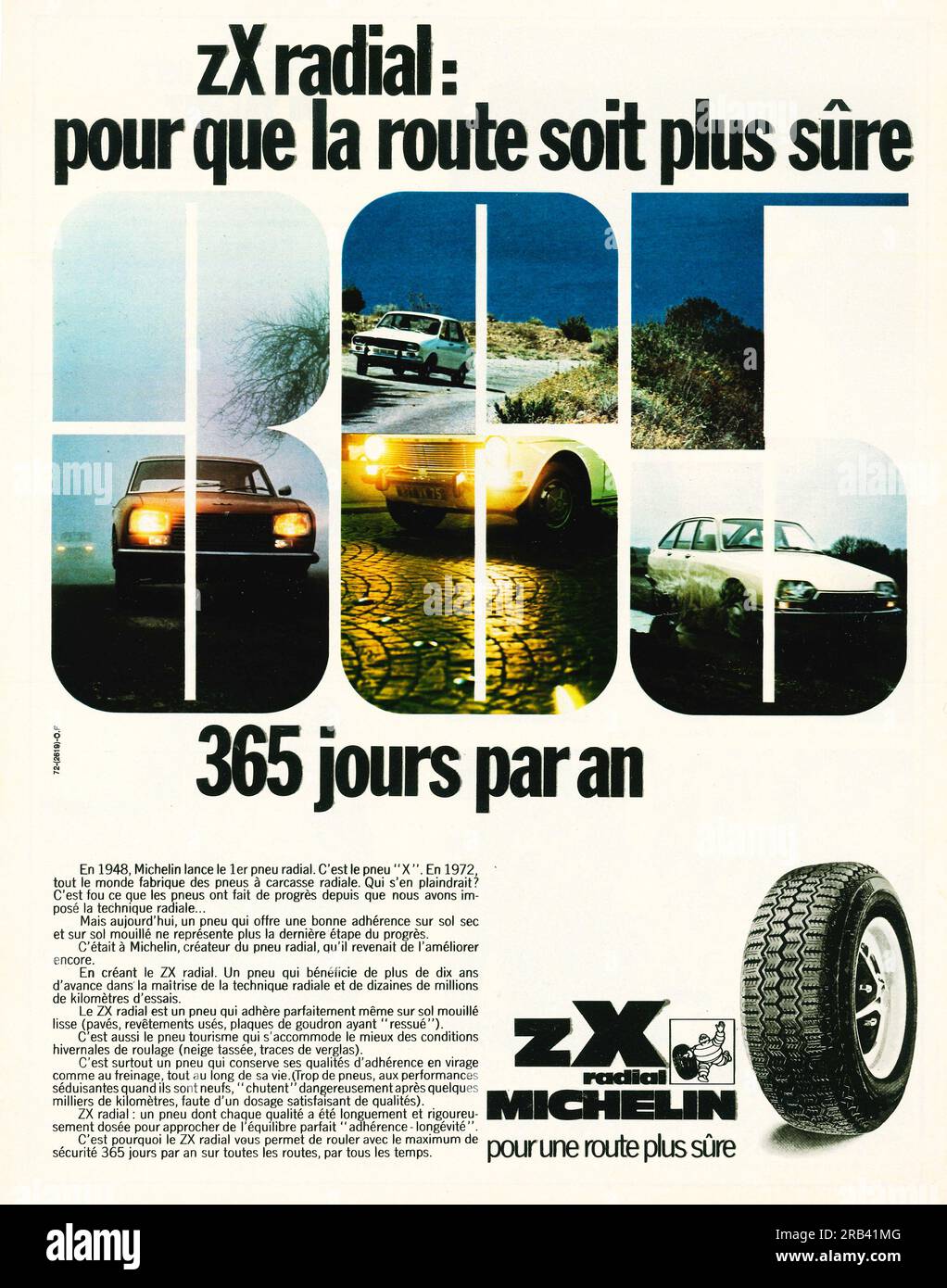Michelin ZX Radial-Reifen-Werbespot in einem französischen Magazin 1972 Stockfoto