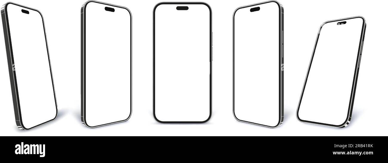 Schwarzes Handy-Modell. Smartphone-Bildschirmrahmen, isoliertes Mobiltelefon und 3D-Gadget-Vektorschablone Stock Vektor