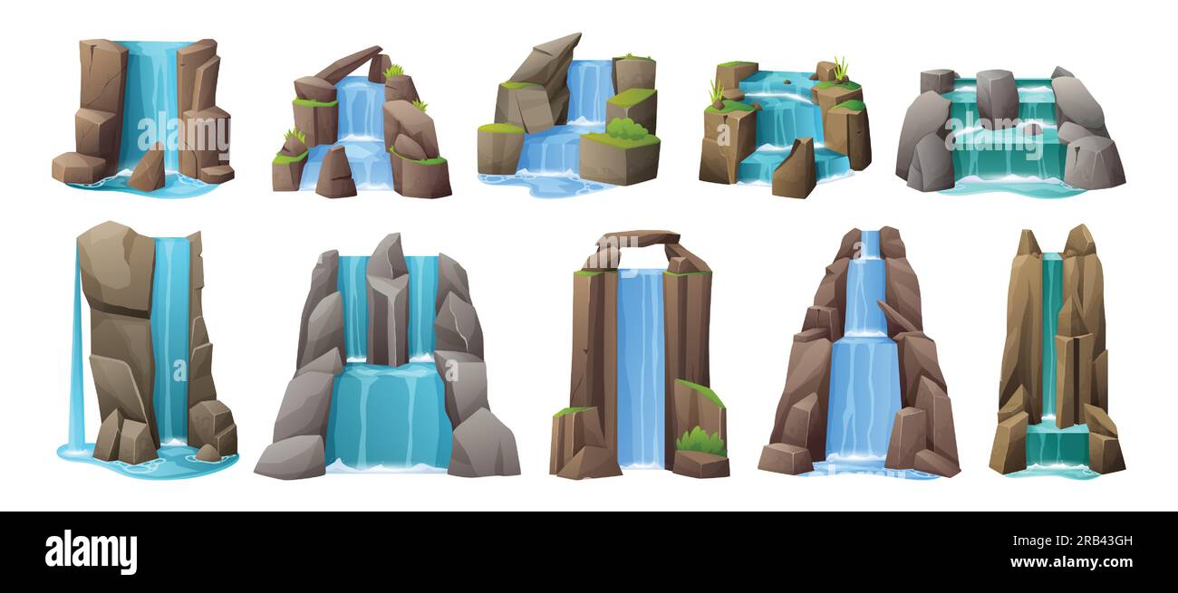 Cartoon-Wasserfall. Karikaturen mit Wasserkaskaden, tropische Naturlandschaft, der Fluss fällt von einem Hügel mit Spritzwasser. Vektor isoliertes Set Stock Vektor