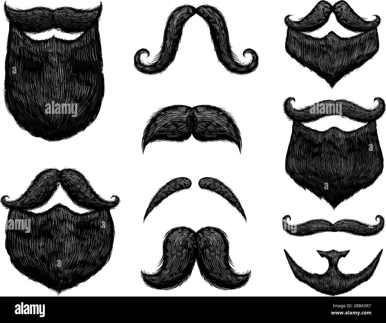 Zeichnen Sie schwarzen Schnurrbart und Bart. Handgezeichnete Retro-Barbier-Styles, gravierter Vintage-Vektor-Zeichnungssatz. Stock Vektor