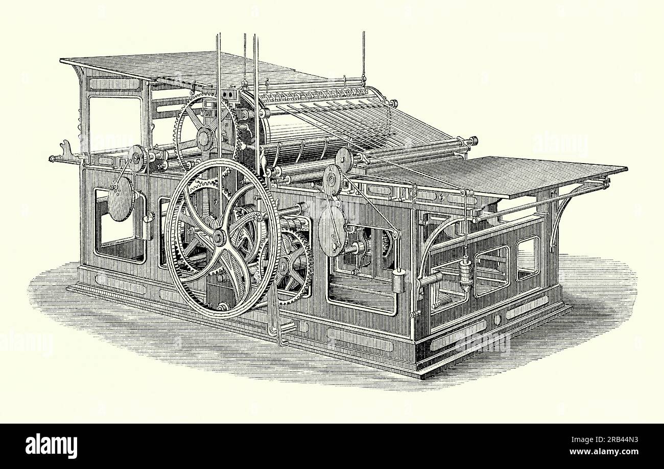 Ein alter Gravur, der die zwei-Revolution-Druckmaschine einer Campbell Printing & Manufacturing Company c.1870 zeigt. Es stammt aus einem Maschinenbaubuch der 1880er Jahre Andrew Campbell (1821–1890) war ein wichtiger Erfinder und Hersteller von Druckmaschinen und Präsident der Campbell Printing Press Company in Brooklyn, New York, USA. 1853 erfand er die Druckmaschine. 1861 errichtete sein Unternehmen die „Campbell Country Press“, die im ganzen Land von Zeitungsverlagen weit verbreitet wurde. 1866 schuf er die zwei-Revolutionen-Buchpresse. Stockfoto