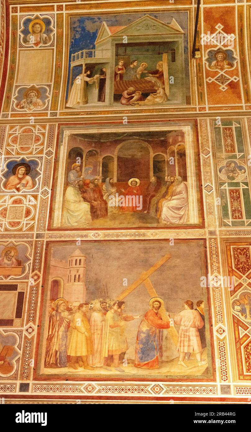 Giottos Fresken, die Scrovegni-Kapelle, Padua - italienische Renaissance-Gemälde aus dem 14. Jahrhundert des Lebens der Maria und des Lebens Christi; Padua Italien Stockfoto