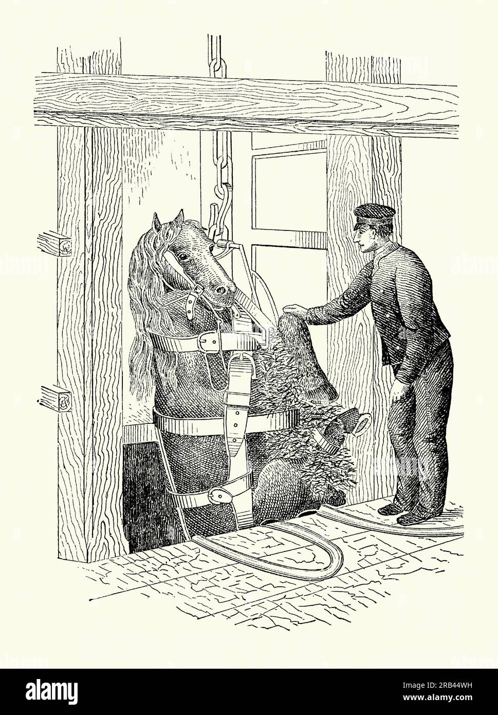 Eine alte Gravur aus den 1800er von einer Pferdeschlinge. Es stammt aus einem viktorianischen Maschinenbaubuch der 1880er Jahre. Eine Pferdeschlinge ist ein Gurt zum Anheben und Aufhängen eines Pferdes vom Boden. Hier wird das Pferd von unten aufgespult, und zu diesem Zweck wurde eine Schlinge in Minen eingesetzt. Beim Transport der Tiere können in Schiffen Schlingen verwendet werden. Pferdeschlingen werden häufig für medizinische Zwecke verwendet, um Pferden mit Beinverletzungen zu helfen. Stockfoto