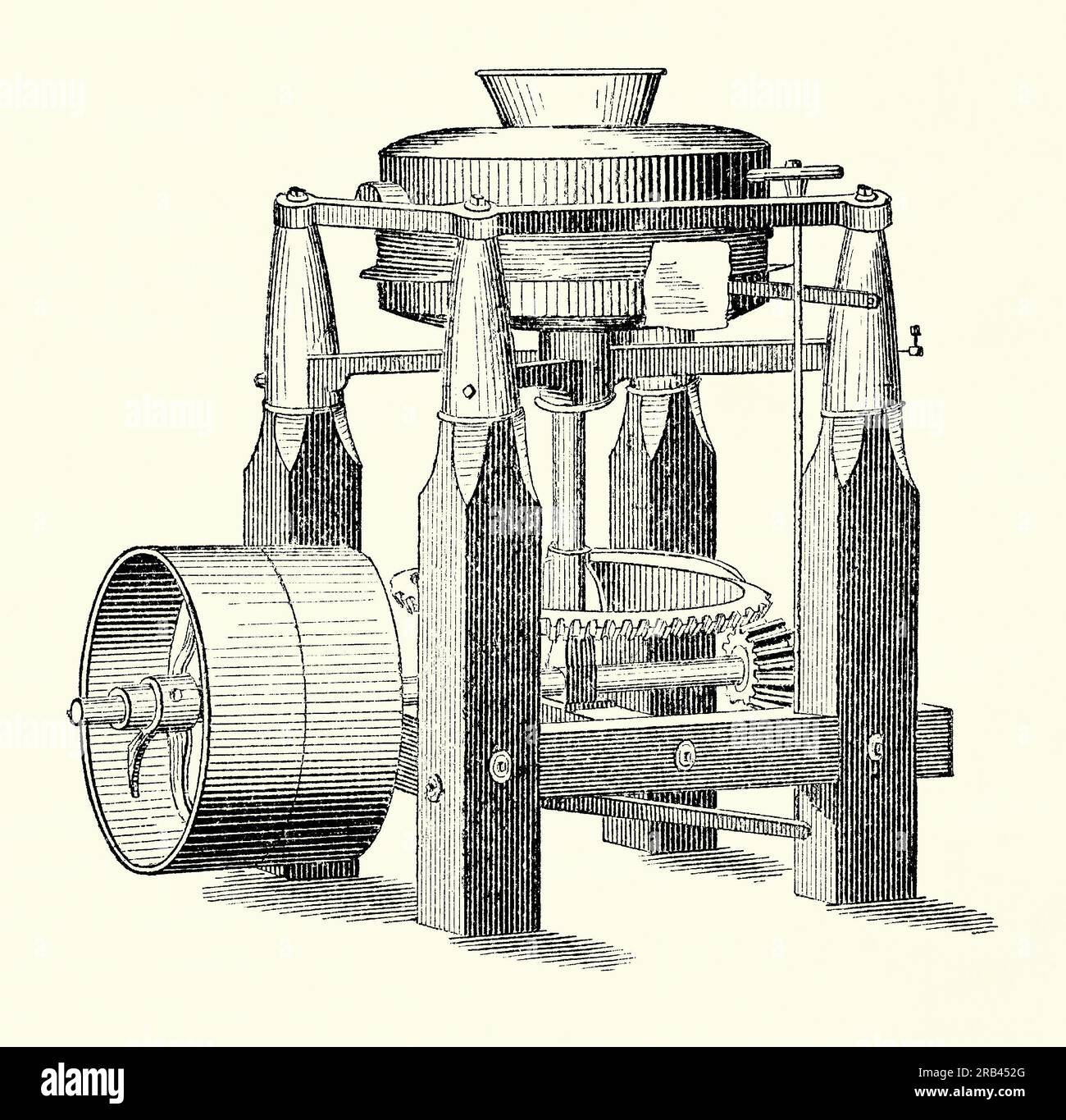 Ein alter Stich einer alten Weißbleimühle der 1800er Jahre Es stammt aus einem Maschinenbaubuch der 1880er Jahre Diese riemengetriebene Holz- und Eisenfräsmaschine wurde zum Aufbrechen und Zerkleinern des Rohbleiminerals nach dem Abbau und vor dem Schmelzen zu Bleimetall verwendet. Weißes Blei kommt natürlich als Mineral vor, bekannt als Hydrocerussit, ein Hydrat von Cerussit. Weiße Bleiverbindungen, die als Bleiseife bekannt sind, wurden als Additiv für Schmierstoffe für Lager und in Maschinenwerkstätten verwendet. Stockfoto
