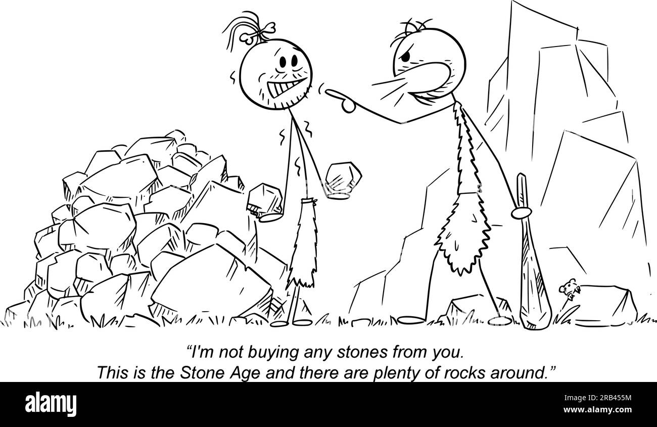 Business and Marketing in Stone Age , Vector Cartoon Stick Figure Illustration Stock Vektor