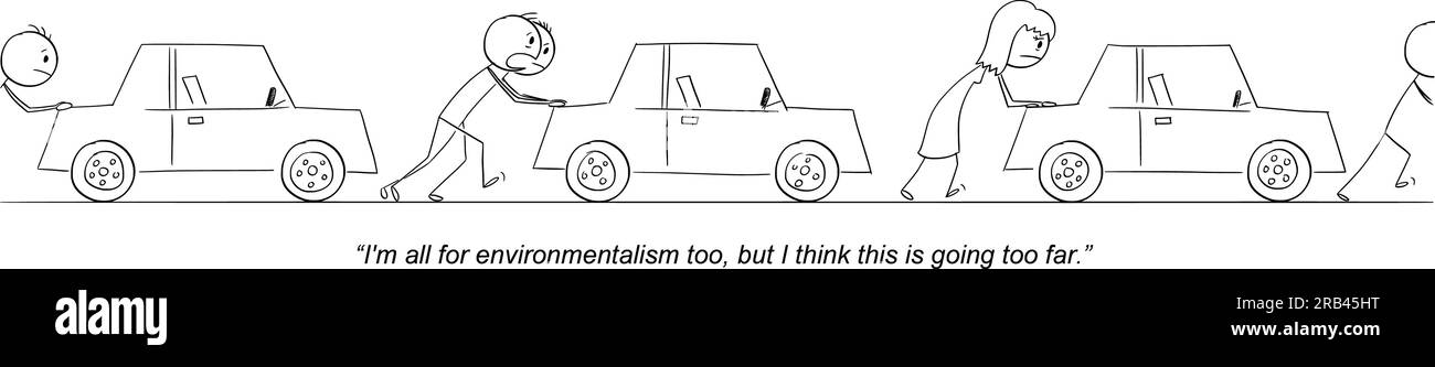 Leute, die mit dem Benzinauto fahren und über das Klima reden, Vector Gag Cartoon Stick Figure Illustration Stock Vektor