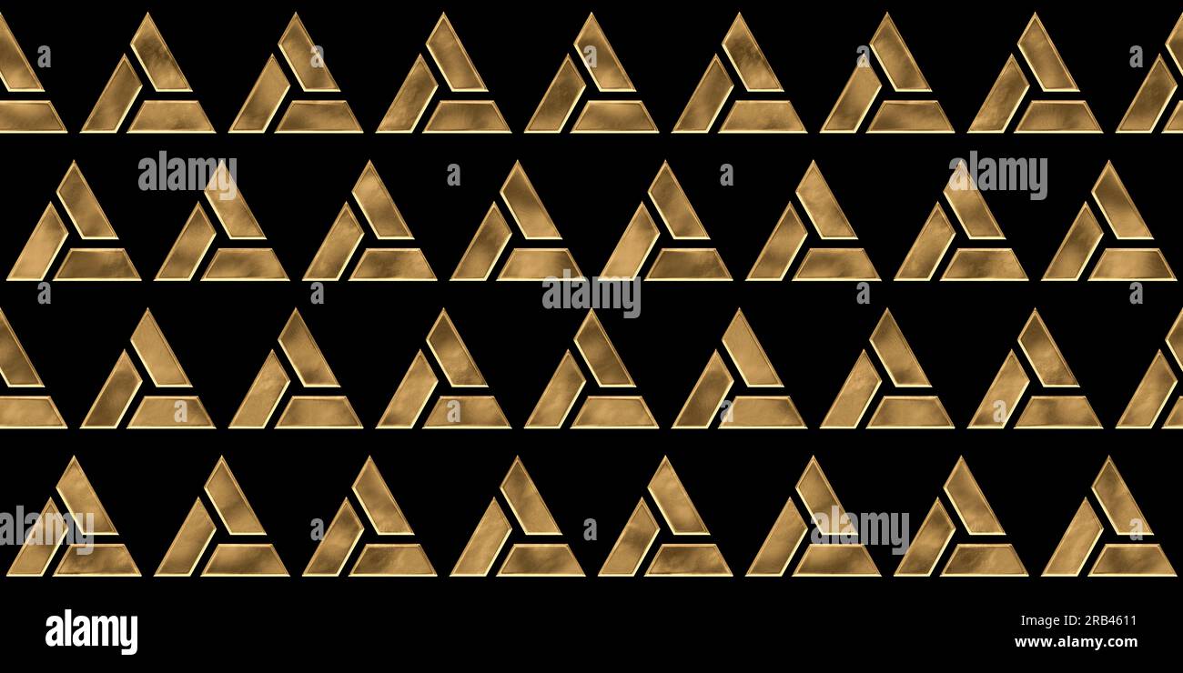 Nahtlos vergoldetes geometrisches Art déco-Dreiecksmuster. Klassische abstrakte gestapelte Polygone vergoldete Reliefskulptur auf dunkelschwarzem Hintergrund. Modern Stockfoto