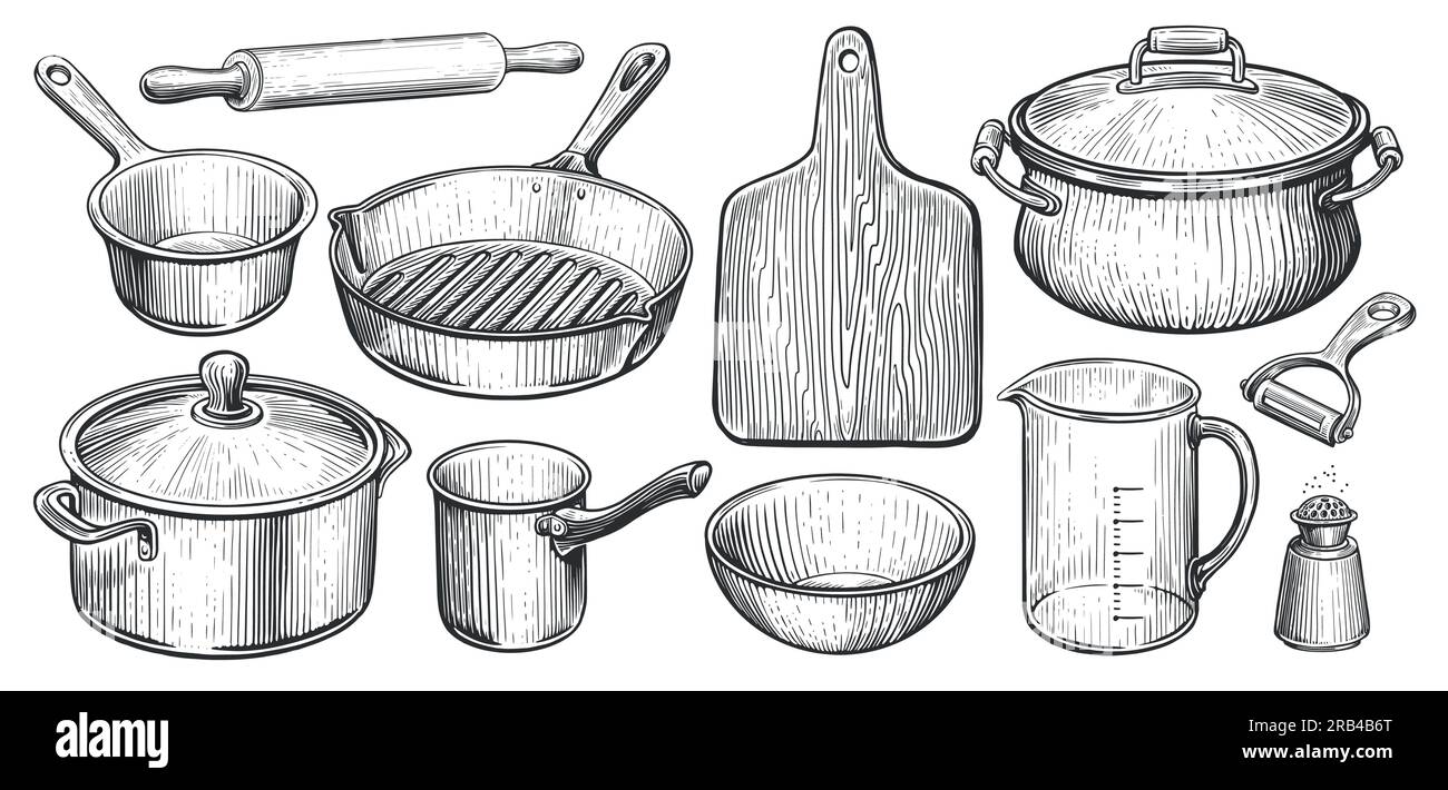 Küchenutensilien im Vintage-Gravurstil. Kochkonzept. Darstellung des Skizzenvektors Stock Vektor