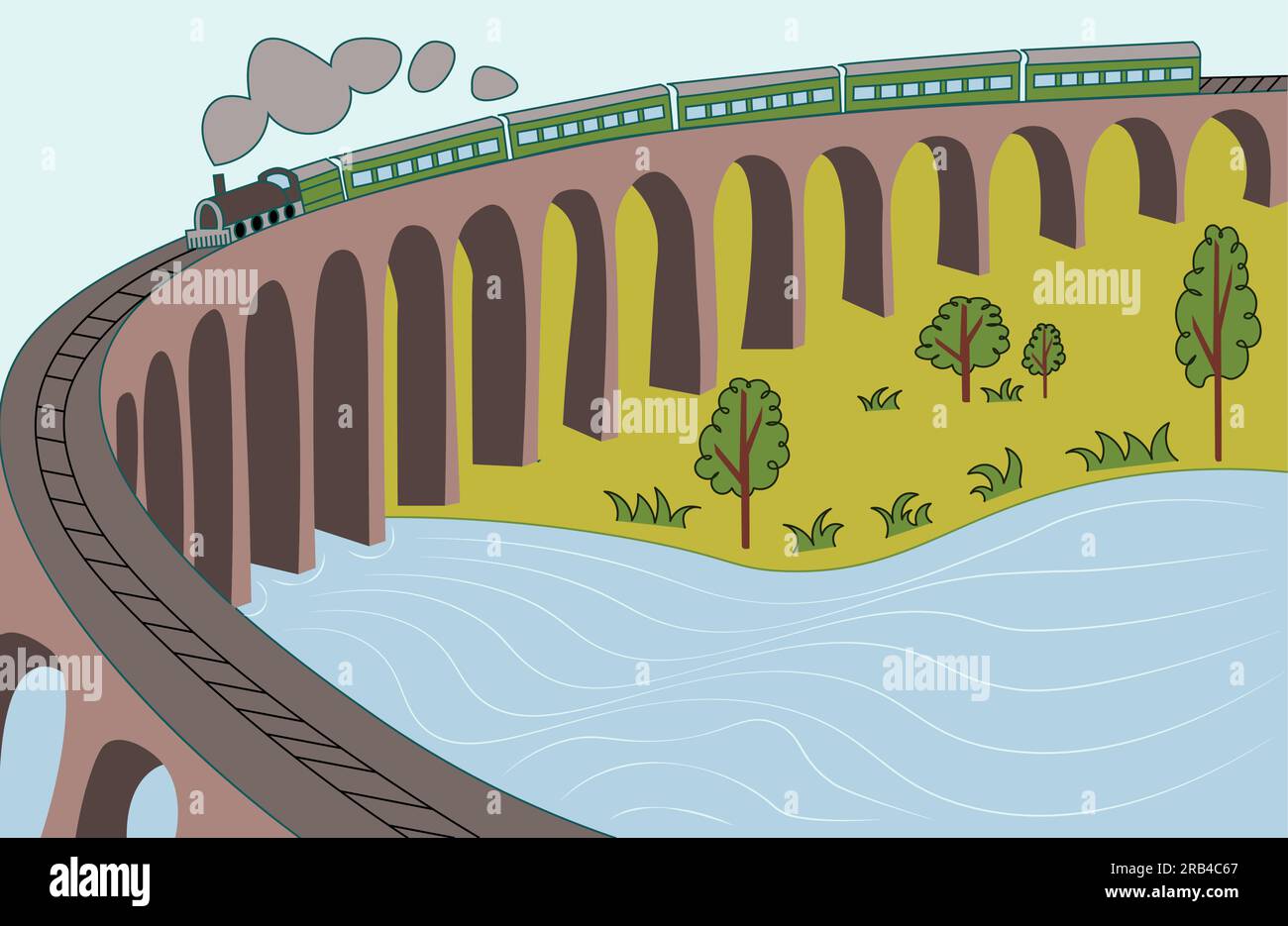Landschaftslandschaft in der Nähe des Flusses mit Silhouetten aus Zug- und Brückenzeichnungen in einfachem Stil Stock Vektor