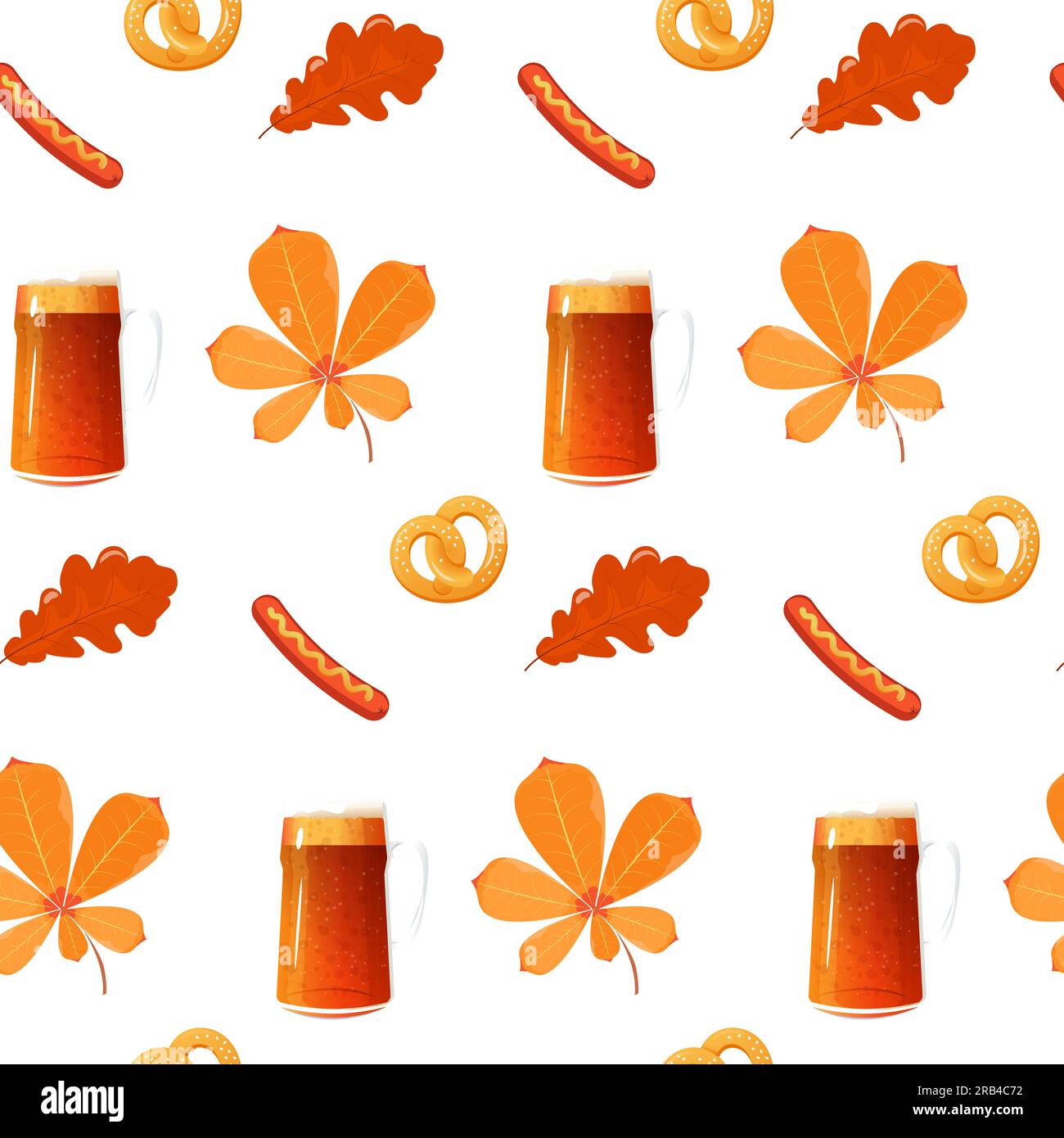 Genießen Sie ein nahtloses oktoberfest-Bier, Brezzel, Würstchen, Eiche und Becher. Vektordarstellung Stock Vektor