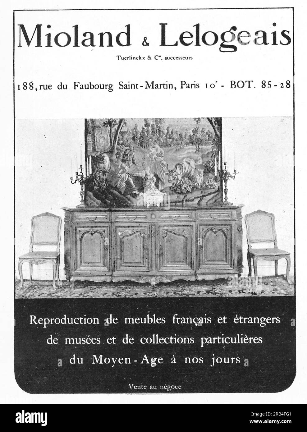 MIOLAND & LELOGEAIS REPRODUKTION DE MEUBLES FRANCES ET ÉTRANGERS Werbung in einem französischen Magazin 1950 Stockfoto