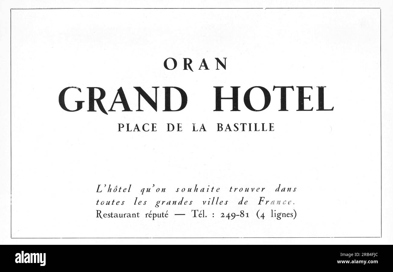 Oran Grand Hotel Algeria Werbung in einem französischen Magazin 1950 Stockfoto