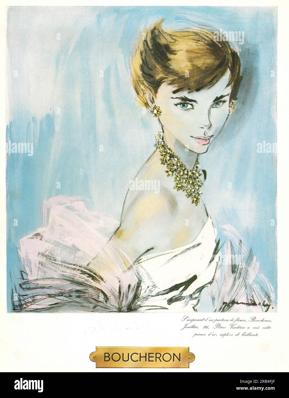 Boucheron Paris Schmuckwerbung in einem französischen Magazin 1950 Stockfoto