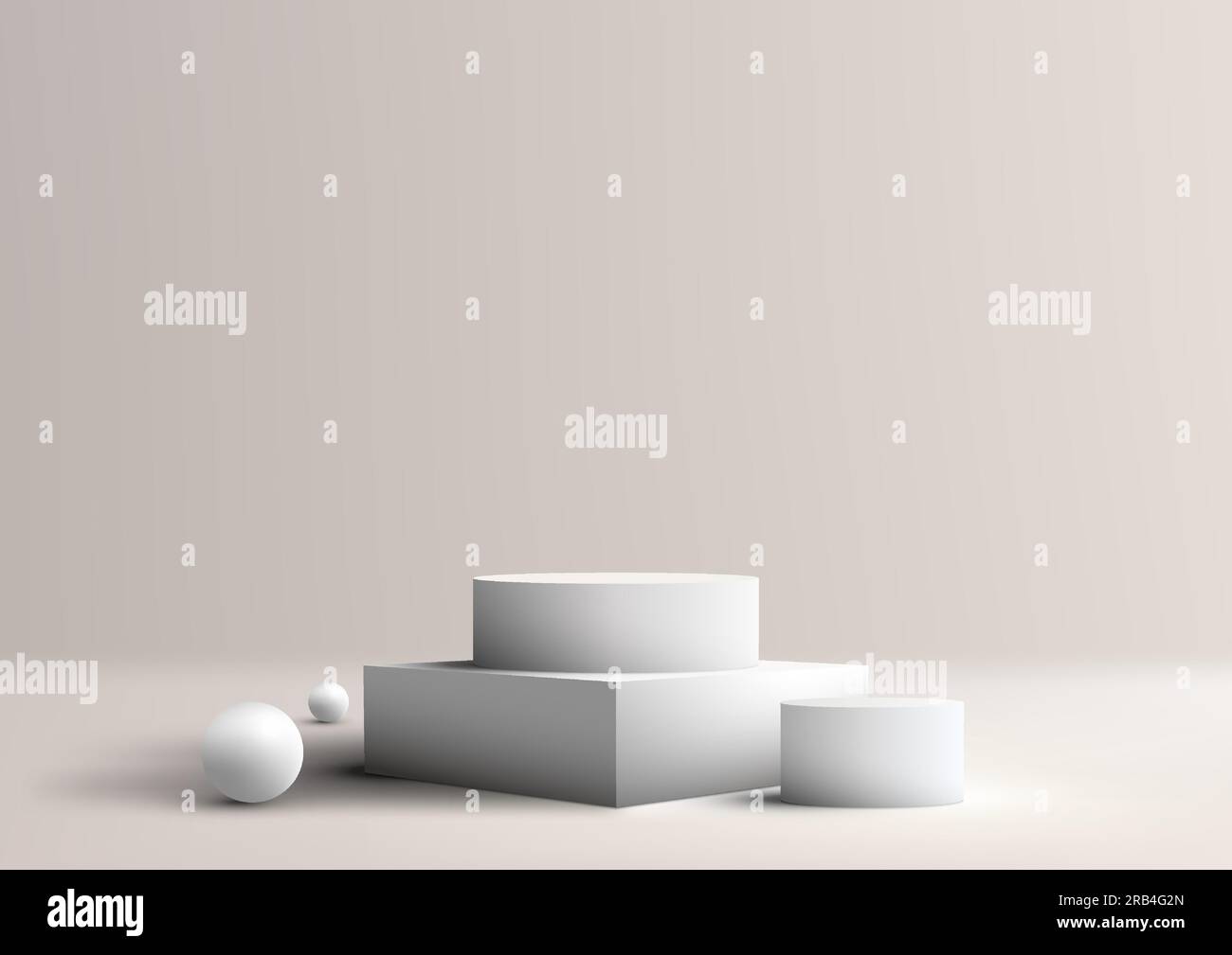 3D realistische Gruppe, die weiße Bälle auf einem sauberen Podiumständer präsentiert, elegant im weißen Studioraum platziert. Mit seinem minimalistischen Ansatz Stock Vektor
