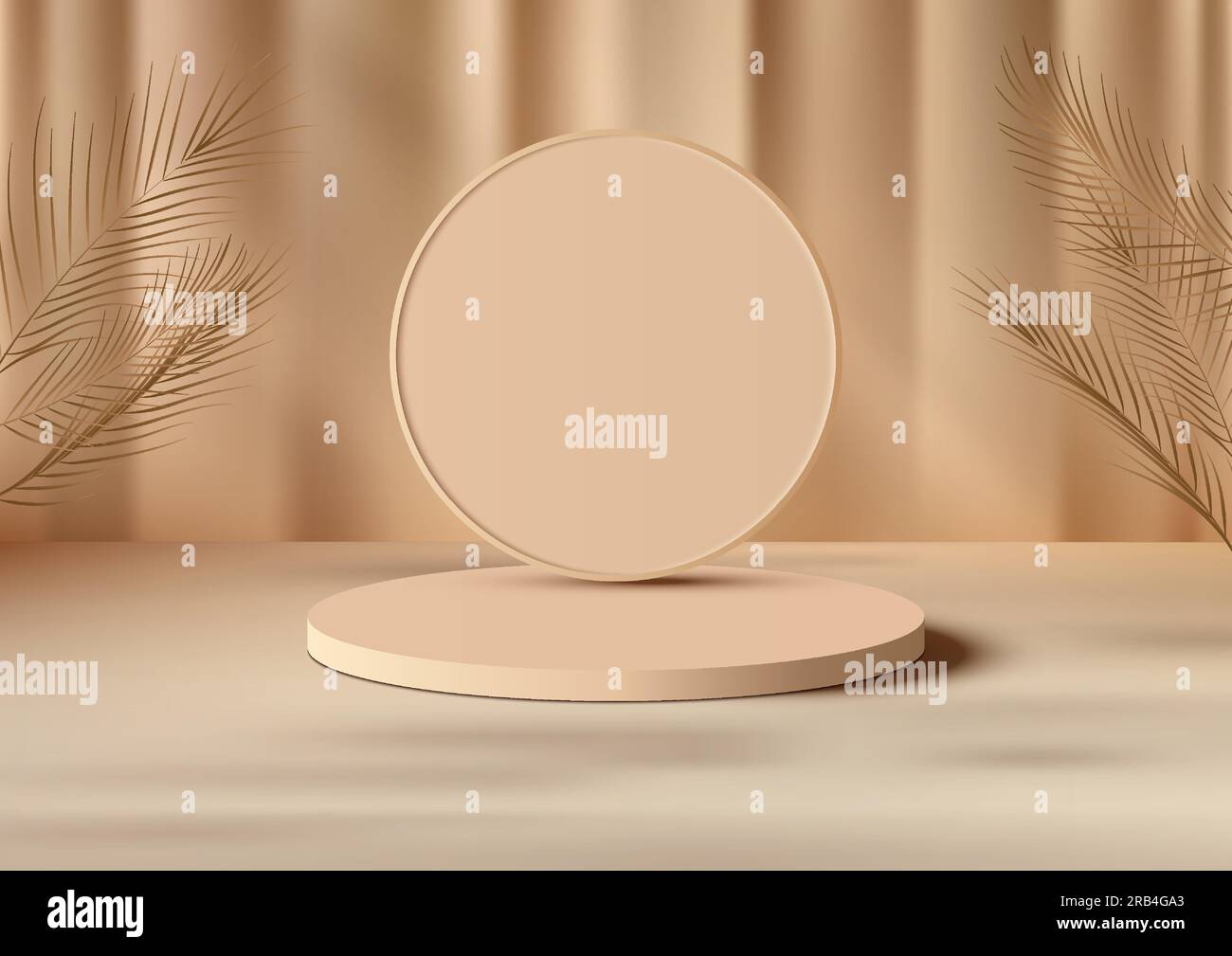 3D realistisch eleganter beigefarbener Podiumständer im runden Hintergrund mit Palmenblättern auf braunem Hintergrund. Das natürliche Konzept und der minimalistische Design-Prov Stock Vektor