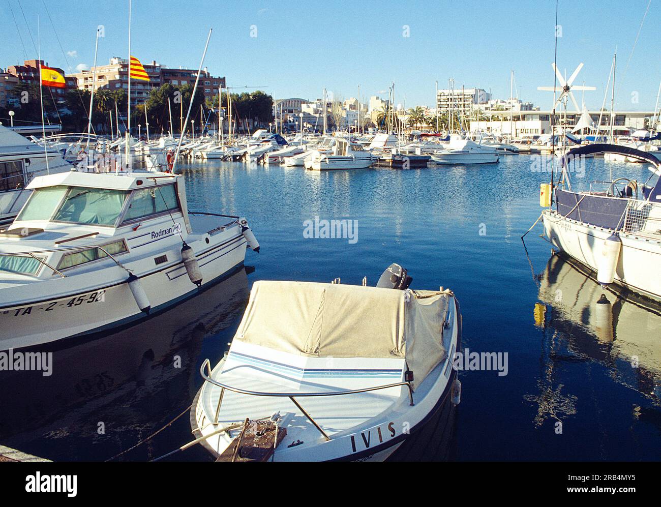 Hafen. San Carlos de la Rapita, Provinz Tarragona, Katalonien, Spanien. Stockfoto