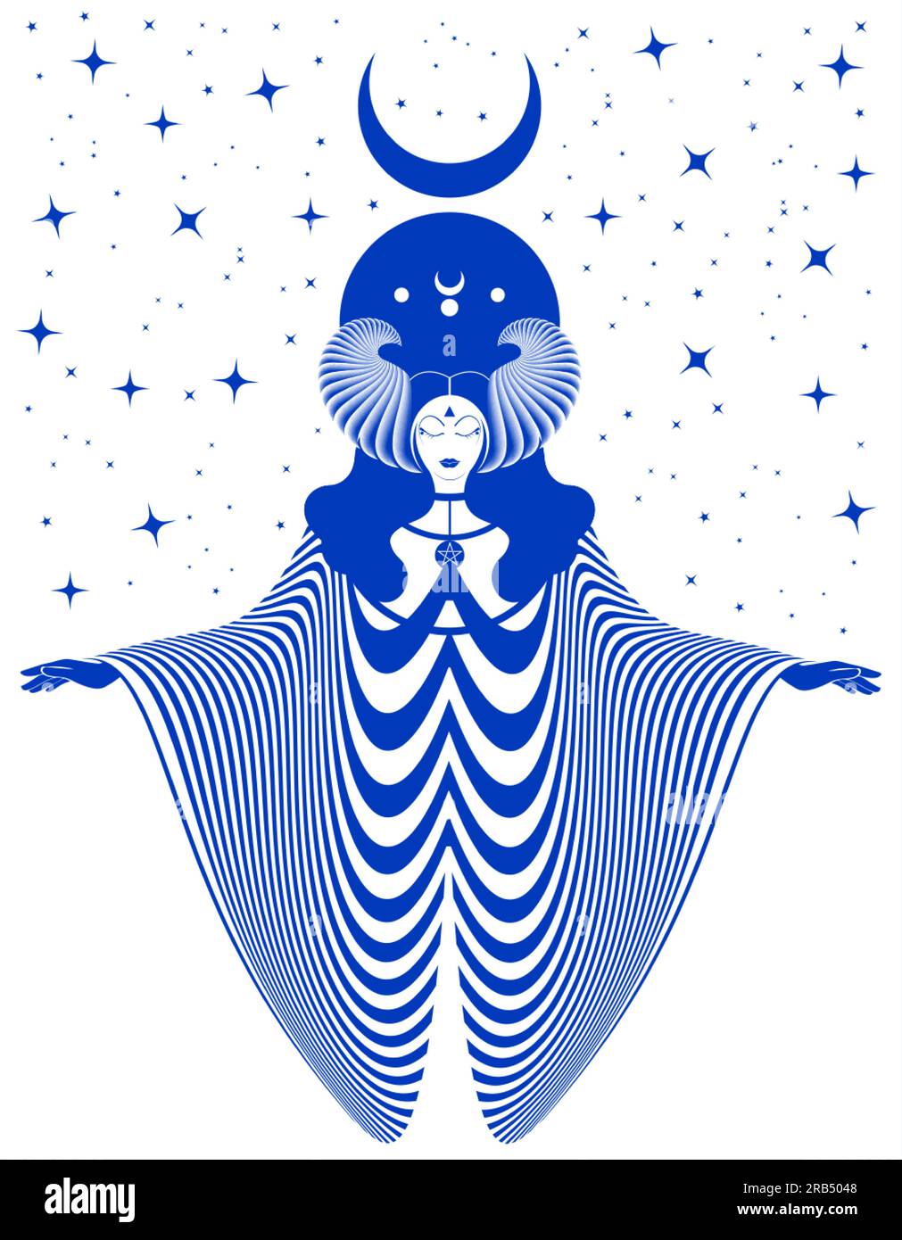 Eine magische keltische Göttin, Priesterin. Schöne Fee mit Hörnern und langem Kleid. Die gotische Hexe, die Witkanerin, heiliges Design, magischer Mond. Vektor isola Stock Vektor