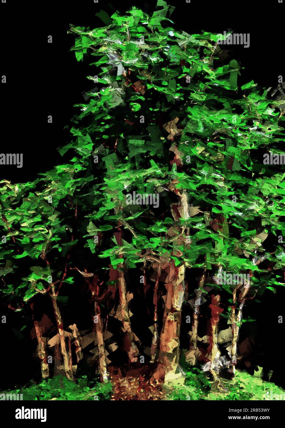 Digitale impressionistische Ölmalerei zur Darstellung eines Nachtwaldes Stockfoto